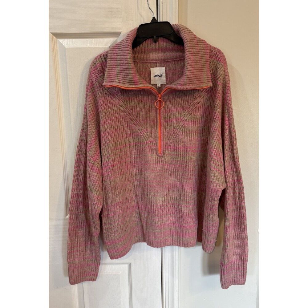Aerie 1/4 Zip Sweater Women's Sz XL Tan Pink Soft - Picture 1 of 8